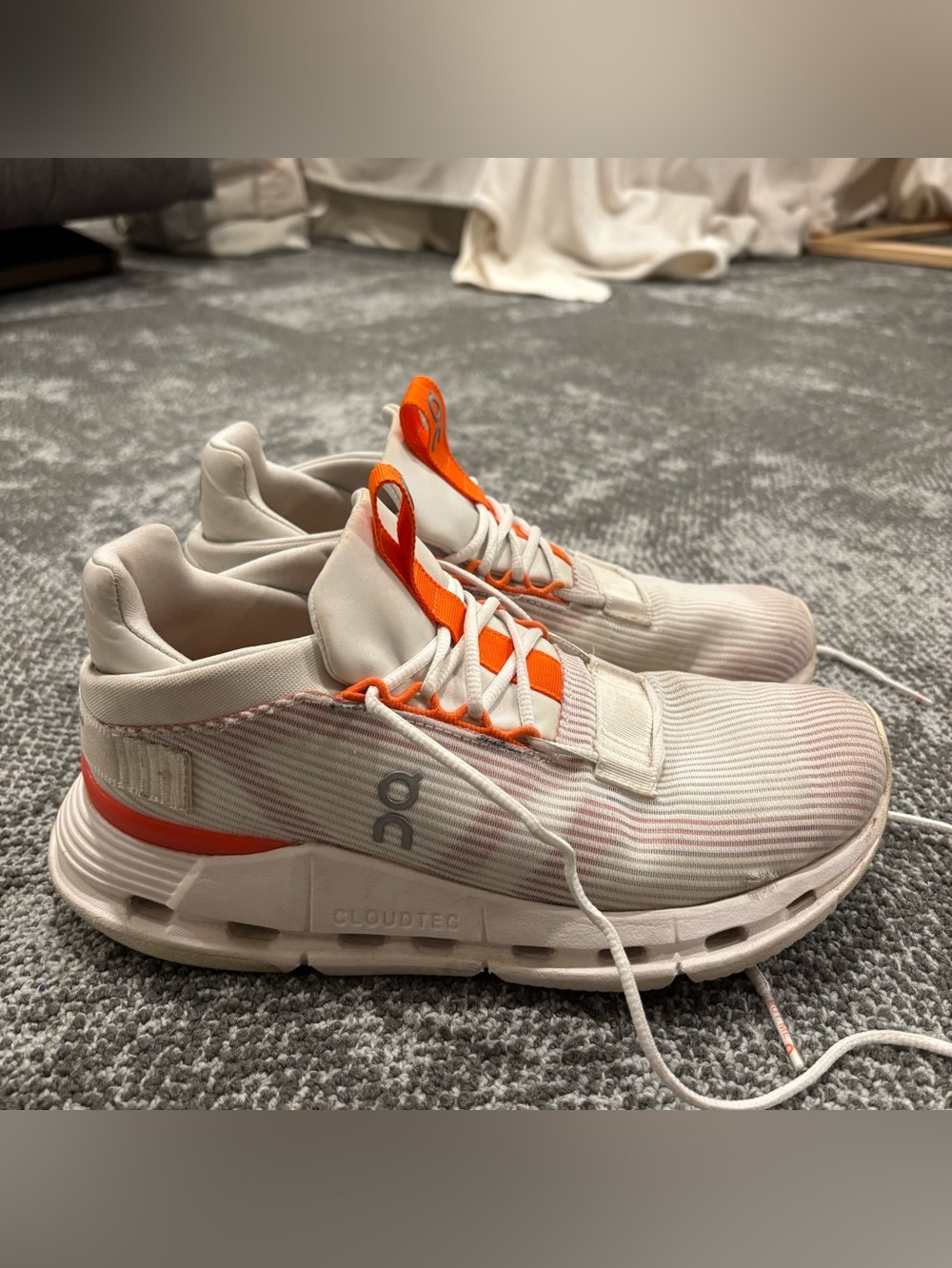 On Running Cloudnova Void White Orange Running Shoes Womens U.S. 7